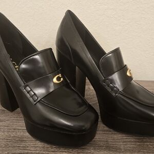Coach Black Platform Loafers with Gold Accent